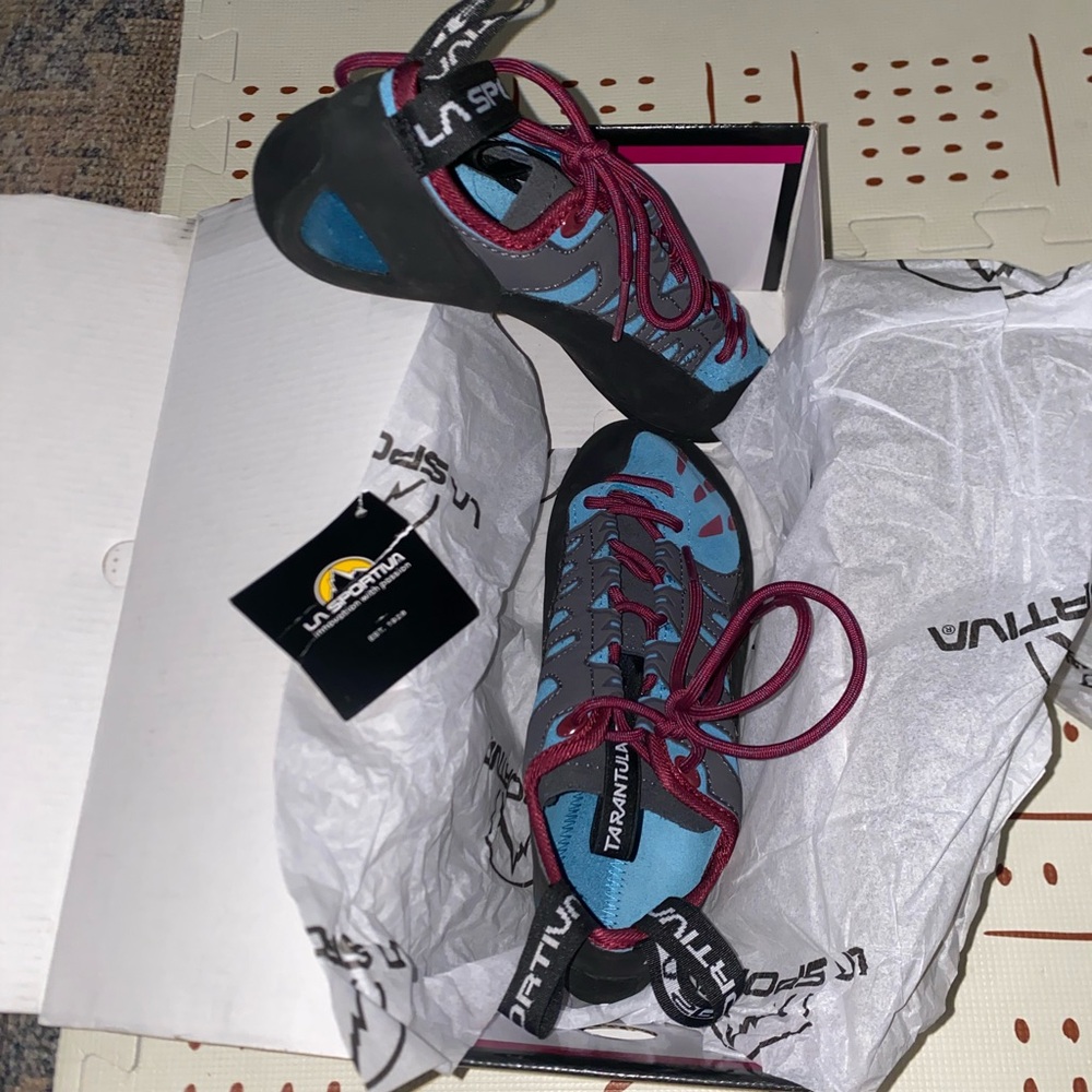 La Sportiva Teal and Maroon Climbing Shoes